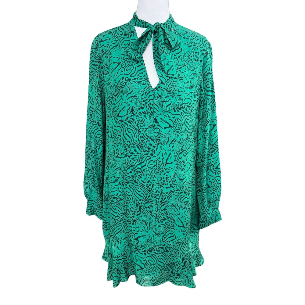 Parker Mercer Jaded Jaguar Silk Blend Neck Tie Shift Dress S Green Animal Print